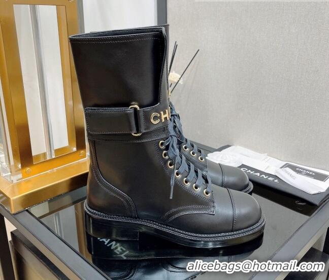 Fashion Chanel Smooth Calfskin Lace-up Boots with Buckle Black 080908