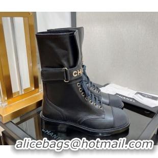 Sumptuous Chanel Calfskin and Grosgrain Lace-up Boots with Buckle Black 2080909