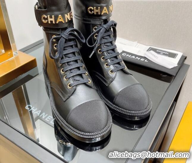 Sumptuous Chanel Calfskin and Grosgrain Lace-up Boots with Buckle Black 2080909