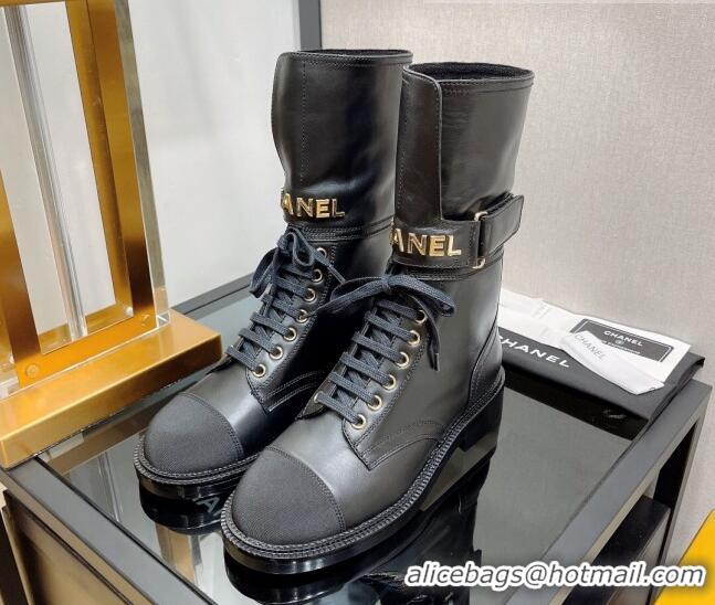 Sumptuous Chanel Calfskin and Grosgrain Lace-up Boots with Buckle Black 2080909