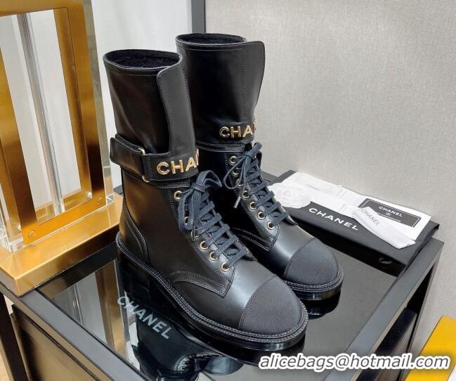 Sumptuous Chanel Calfskin and Grosgrain Lace-up Boots with Buckle Black 2080909