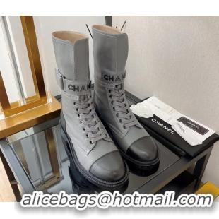 Classic Specials Chanel Calfskin Lace-up Boots with Buckle Gray 080910