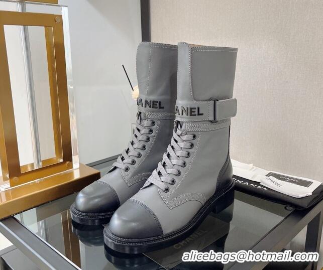 Classic Specials Chanel Calfskin Lace-up Boots with Buckle Gray 080910