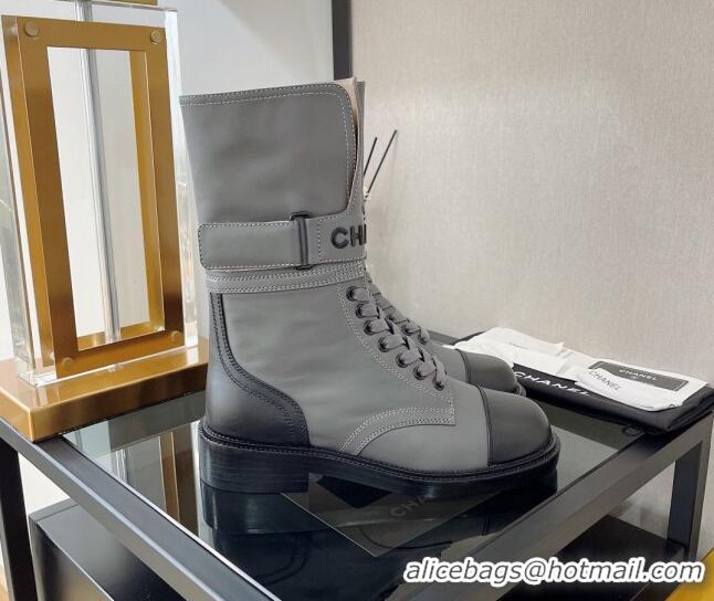 Classic Specials Chanel Calfskin Lace-up Boots with Buckle Gray 080910