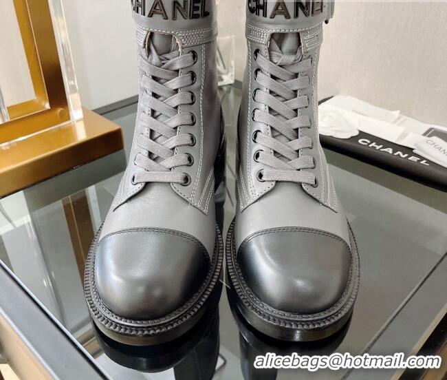 Classic Specials Chanel Calfskin Lace-up Boots with Buckle Gray 080910