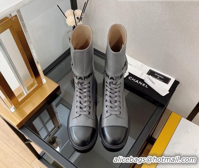 Classic Specials Chanel Calfskin Lace-up Boots with Buckle Gray 080910