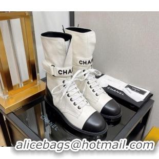 Pretty Style Chanel Calfskin Lace-up Boots with Buckle 080910 White