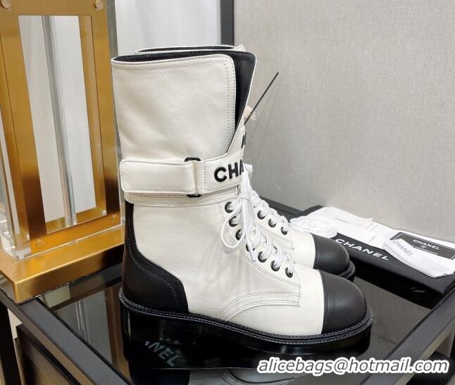 Pretty Style Chanel Calfskin Lace-up Boots with Buckle 080910 White