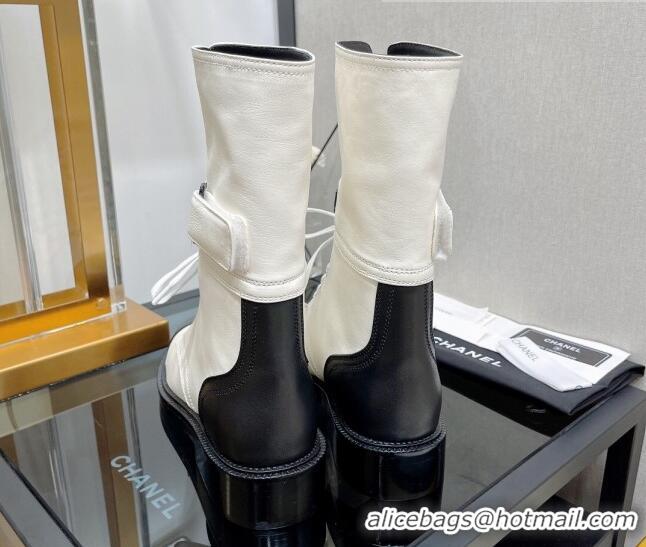 Pretty Style Chanel Calfskin Lace-up Boots with Buckle 080910 White