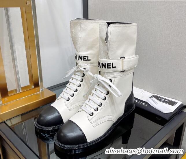 Pretty Style Chanel Calfskin Lace-up Boots with Buckle 080910 White