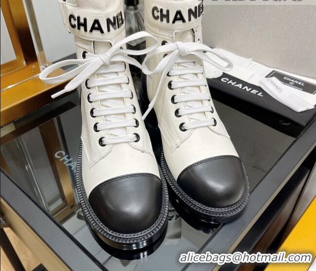 Pretty Style Chanel Calfskin Lace-up Boots with Buckle 080910 White