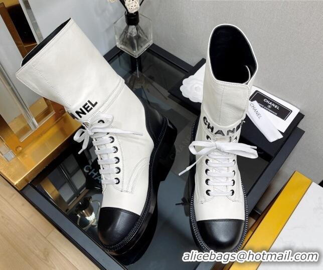 Pretty Style Chanel Calfskin Lace-up Boots with Buckle 080910 White