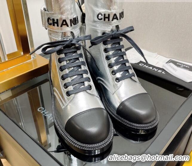 Classic Hot Chanel Calfskin Lace-up Boots with Buckle Silver 080912