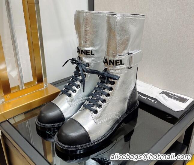 Classic Hot Chanel Calfskin Lace-up Boots with Buckle Silver 080912