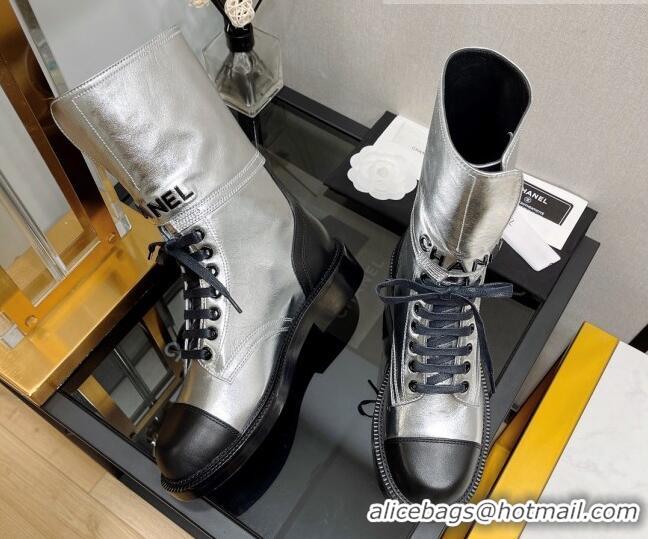 Classic Hot Chanel Calfskin Lace-up Boots with Buckle Silver 080912