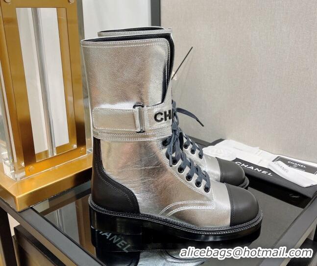 Classic Hot Chanel Calfskin Lace-up Boots with Buckle Silver 080912