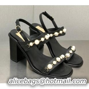 Lower Price Chanel Leather High Heel Sandals 9cm with Pearls Charm G37439 Black 080913