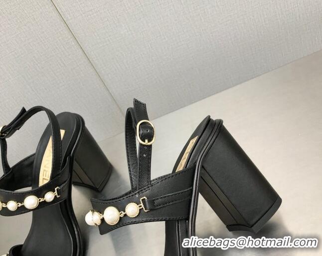 Lower Price Chanel Leather High Heel Sandals 9cm with Pearls Charm G37439 Black 080913