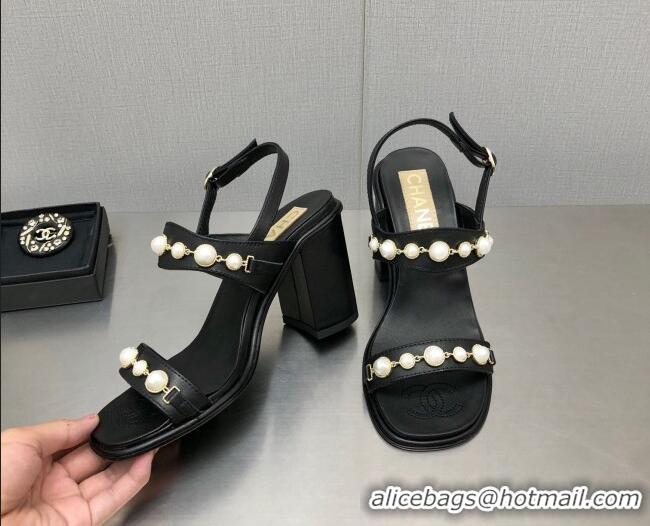 Lower Price Chanel Leather High Heel Sandals 9cm with Pearls Charm G37439 Black 080913