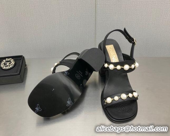 Lower Price Chanel Leather High Heel Sandals 9cm with Pearls Charm G37439 Black 080913