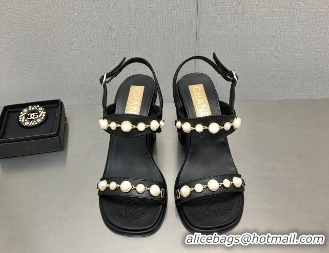 Lower Price Chanel Leather High Heel Sandals 9cm with Pearls Charm G37439 Black 080913