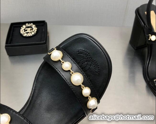 Lower Price Chanel Leather High Heel Sandals 9cm with Pearls Charm G37439 Black 080913