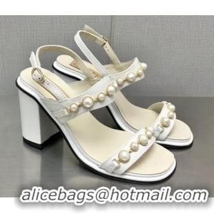 Grade Quality Chanel Leather High Heel Sandals 9cm with Pearls Charm G37439 White 080914