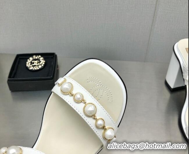 Grade Quality Chanel Leather High Heel Sandals 9cm with Pearls Charm G37439 White 080914