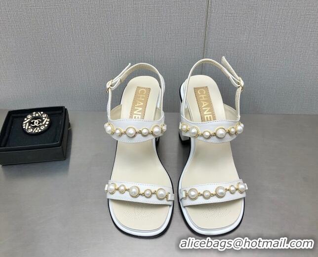 Grade Quality Chanel Leather High Heel Sandals 9cm with Pearls Charm G37439 White 080914