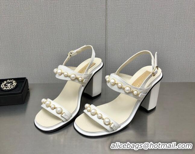 Grade Quality Chanel Leather High Heel Sandals 9cm with Pearls Charm G37439 White 080914