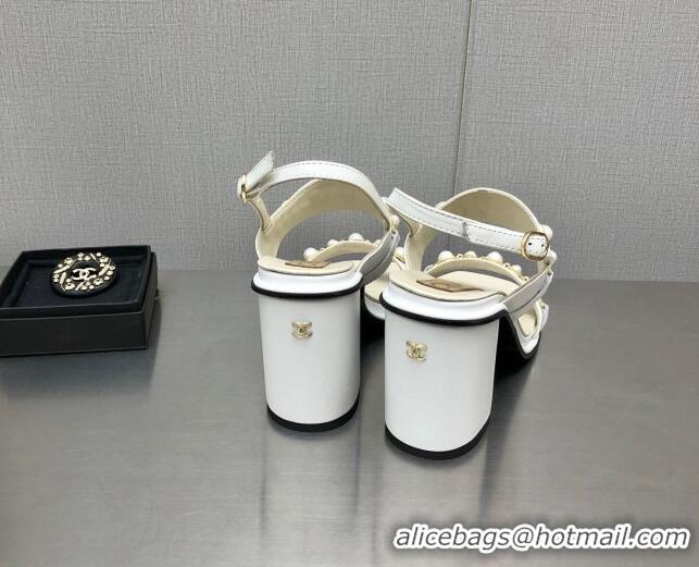 Grade Quality Chanel Leather High Heel Sandals 9cm with Pearls Charm G37439 White 080914