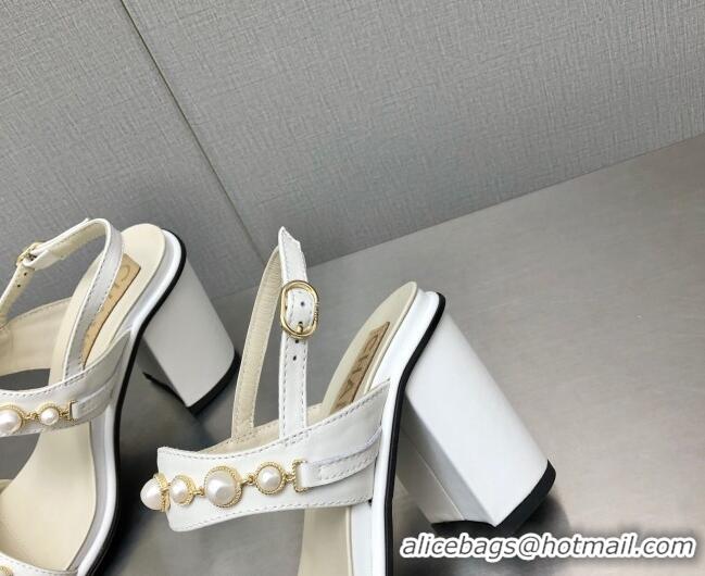 Grade Quality Chanel Leather High Heel Sandals 9cm with Pearls Charm G37439 White 080914