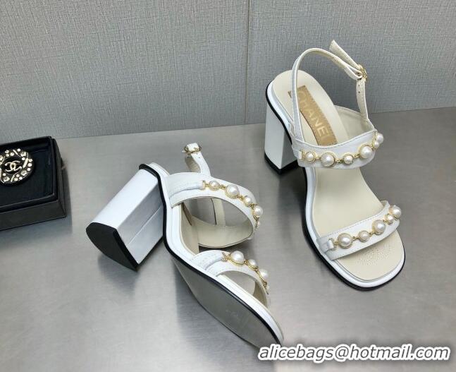 Grade Quality Chanel Leather High Heel Sandals 9cm with Pearls Charm G37439 White 080914