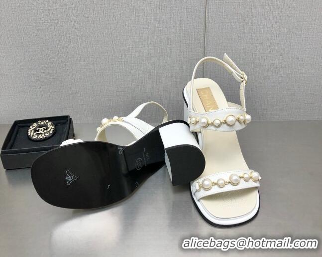 Grade Quality Chanel Leather High Heel Sandals 9cm with Pearls Charm G37439 White 080914