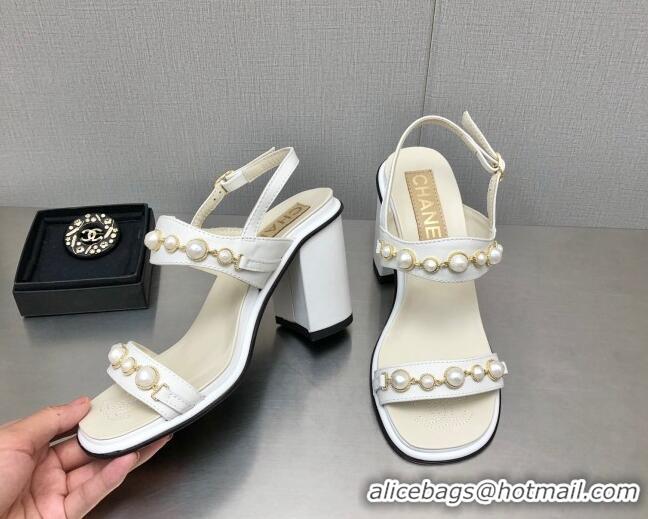 Grade Quality Chanel Leather High Heel Sandals 9cm with Pearls Charm G37439 White 080914