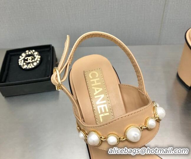 Discount Chanel Leather High Heel Sandals 9cm with Pearls Charm G37439 Apricot 080915