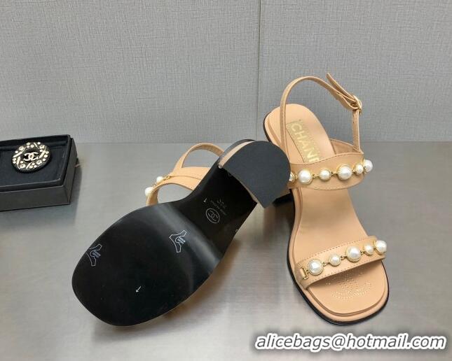 Discount Chanel Leather High Heel Sandals 9cm with Pearls Charm G37439 Apricot 080915