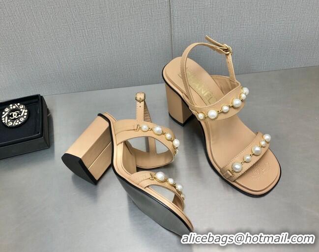 Discount Chanel Leather High Heel Sandals 9cm with Pearls Charm G37439 Apricot 080915