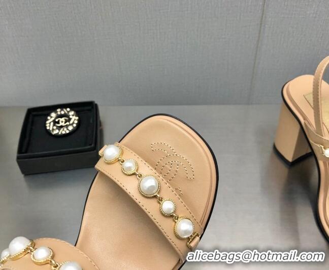 Discount Chanel Leather High Heel Sandals 9cm with Pearls Charm G37439 Apricot 080915