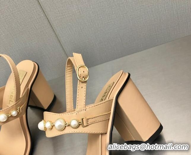 Discount Chanel Leather High Heel Sandals 9cm with Pearls Charm G37439 Apricot 080915