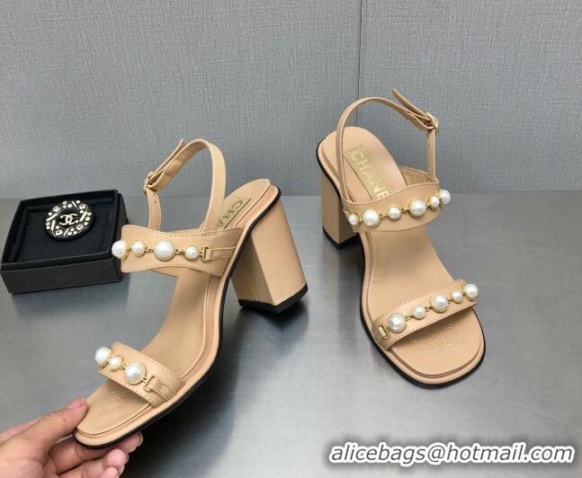 Discount Chanel Leather High Heel Sandals 9cm with Pearls Charm G37439 Apricot 080915