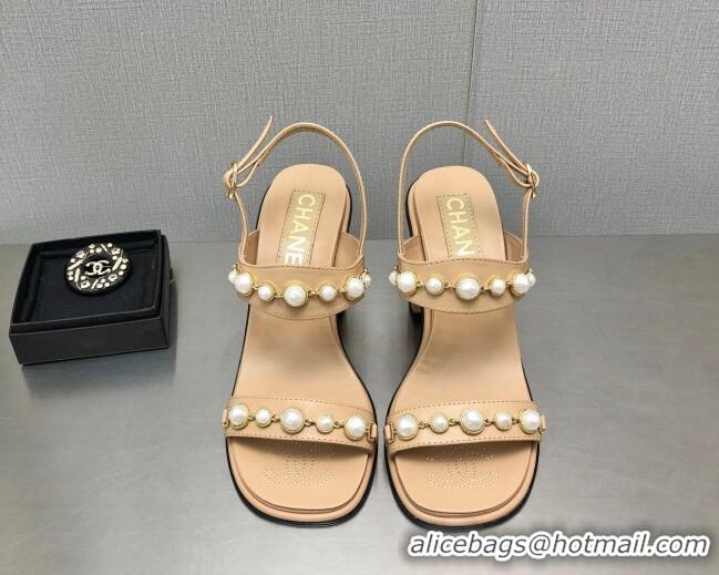 Discount Chanel Leather High Heel Sandals 9cm with Pearls Charm G37439 Apricot 080915