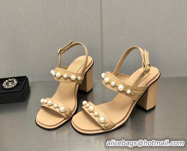 Discount Chanel Leather High Heel Sandals 9cm with Pearls Charm G37439 Apricot 080915