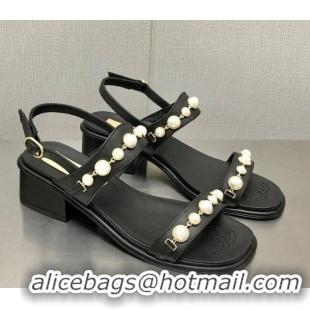 Low Cost Chanel Leather Sandals 3cm with Pearls Charm G37439 Black 080916