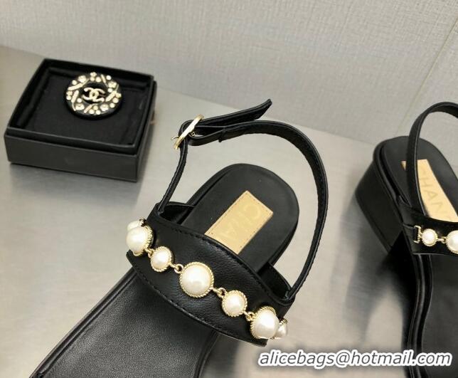 Low Cost Chanel Leather Sandals 3cm with Pearls Charm G37439 Black 080916