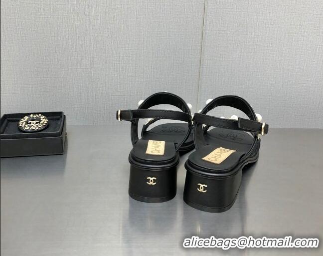 Low Cost Chanel Leather Sandals 3cm with Pearls Charm G37439 Black 080916