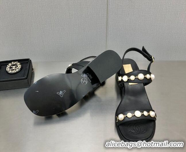 Low Cost Chanel Leather Sandals 3cm with Pearls Charm G37439 Black 080916