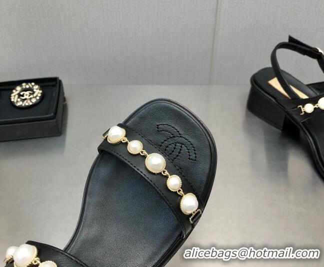 Low Cost Chanel Leather Sandals 3cm with Pearls Charm G37439 Black 080916