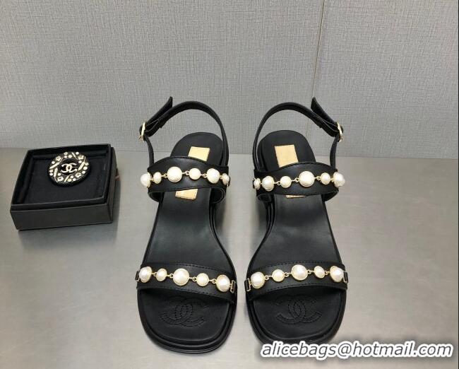 Low Cost Chanel Leather Sandals 3cm with Pearls Charm G37439 Black 080916