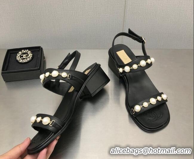 Low Cost Chanel Leather Sandals 3cm with Pearls Charm G37439 Black 080916